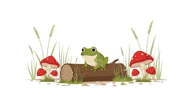 Cute green frog sitting on a hollow log in a grassy field with red fly agaric mushrooms on a clean white background.