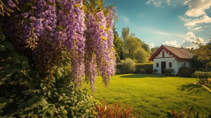 A charming countryside house surrounded by vibrant spring flowers and lush greenery