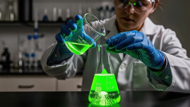 Scientist pouring green liquid into a laboratory flask with precision