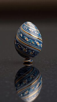 A decorative egg with swirling blue, white, and gold patterns rests on a reflective surface