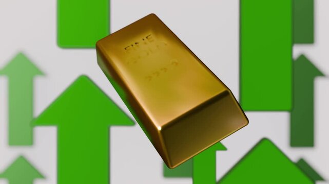 3D green arrows surge up in a rhythmic loop while a heavy gold ingot rotates in mid-air. This "Bull Market" animation signals strong growth, rising wealth, and high investor confidence.
