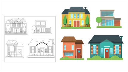 Fototapeta premium House Building Illustration Set – Line Art and Colorful Residential Vector Design 