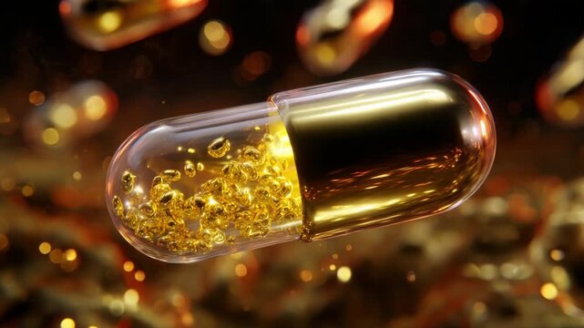 A stunning visual representation of a capsule filled with golden liquid, showcasing its intricate details as it floats against a blurred backdrop, symbolizing innovation in health and wellness on a