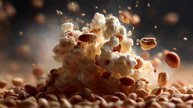 Popcorn bursting from seeds in a kitchen setting with scattered grains around
