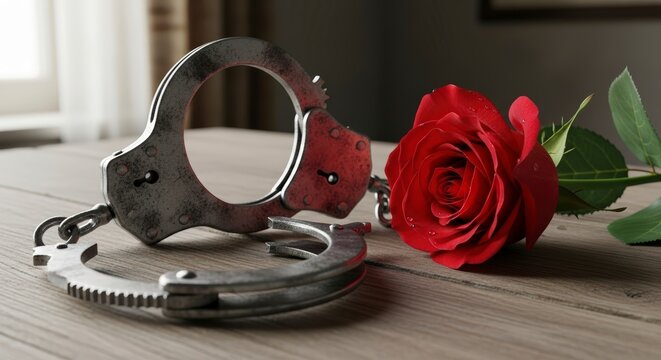 Handcuffs and red rose symbolic image.