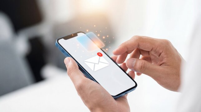 A persons hands hold a modern smartphone displaying an email notification with an envelope icon and a red alert badge indicating new messages arriving on screen