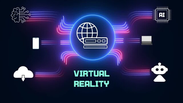 Modern virtual reality concept with glowing global network icons on dark background, high tech digital simulation and connectivity system