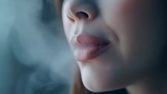 Soft cinematic close-up of a woman exhaling smoke in cool blue tones, conveying calm, mystery, and lifestyle mood for modern editorial or commercial storytelling.