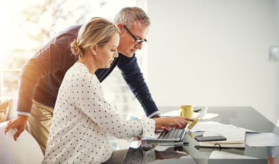 Finance, couple and pointing to laptop in home for budget discussion, credit check and track expenses. Space, mature people and planning with tech for financial summary, asset management or budgeting © JamPacked/peopleimages.com