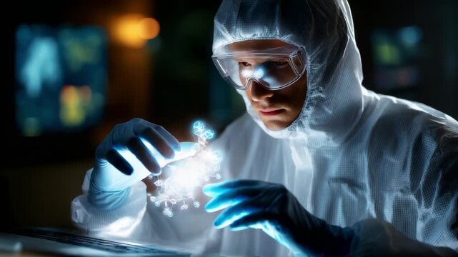 A focused scientist in a protective suit analyzing glowing particles with a manipulative hand gesture, exploring advanced scientific concepts in a high-tech laboratory environment, captivating the