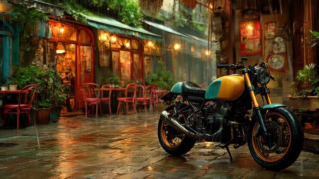 Motorcycle parked under a canopy during rainy weather near a cafe with colorful decor and empty chairs in the city street