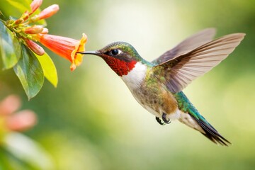 Fototapeta premium Ruby-throated hummingbird feeding on nectar from a vibrant orange trumpet flower