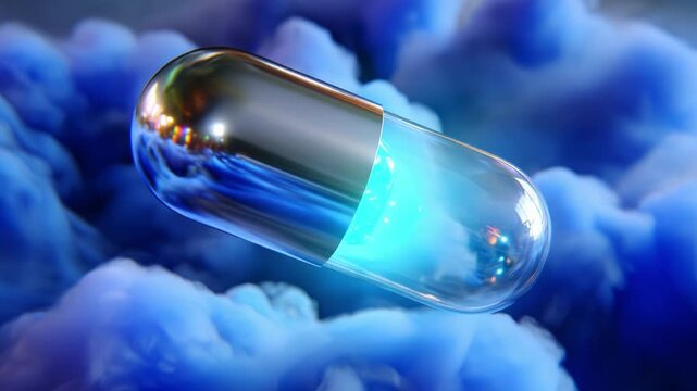 A mesmerizing visual representation of a translucent capsule filled with swirling blue particles, hovering gracefully amidst a backdrop of soft, cloud-like formations, symbolizing innovation and