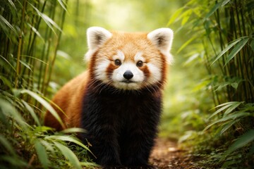 Obraz premium Adorable red panda sitting in a lush bamboo forest, looking directly at the camera