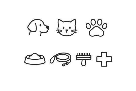 Collection of simple line icons representing pet care and veterinary services