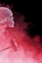 a red and black skull background with smoke, behind which there is a silhouette of a gavel