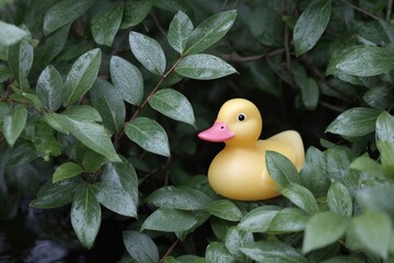 a yellow rubber duck hidden in the bushes