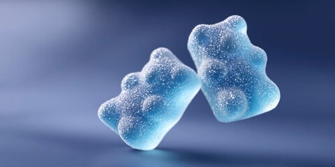 two blue gummy bears floating in the air, dark blue background
