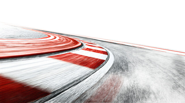 A red and white race track with a curved section and a red and white checkered pattern isolated on transparent background