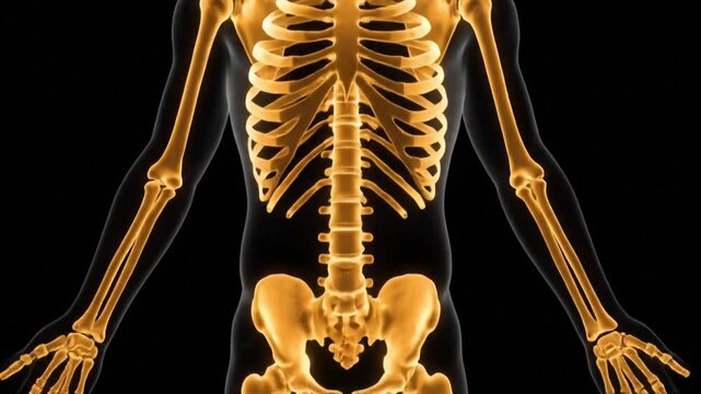 Detailed anatomical illustration of a human skeleton glowing in orange against a dark background, showcasing the bone structure.