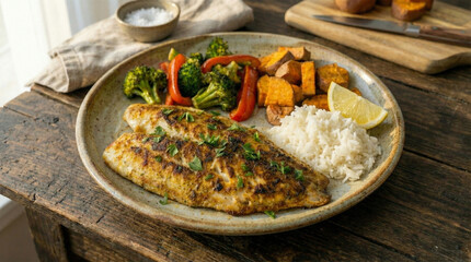 Air Fried Tilapia Fillet served with Roasted Sweet Potatoes, Broccoli, and White Rice on a Plate