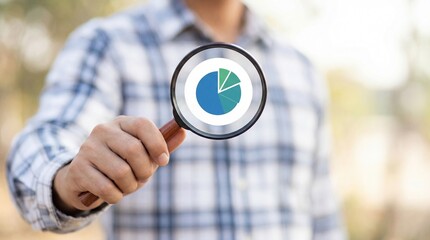 Person holds magnifying glass over pie chart demonstrating business data analysis and financial investigation with focus on market trends