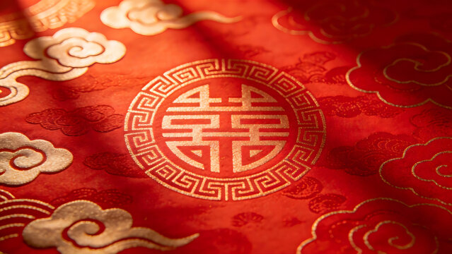 Red Double Happiness Cloud Pattern Traditional Wedding Fabric