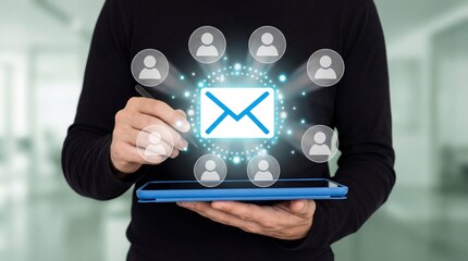 Person using stylus on tablet screen displaying digital envelope with radiating connections to user icons suggesting email network communication and outreach