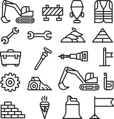 Fototapeta premium Black line icons of construction vehicles and tools isolated on transparent background