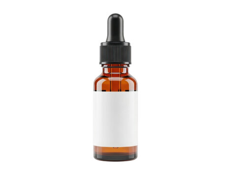 Brown glass dropper bottle with white label isolated on transparent background