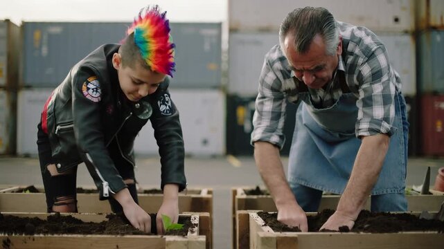 Young punk boy and elderly man planting seedlings in urban garden
