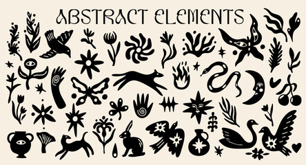 Abstract cutout shapes design elements set with vector illustration of different types of magical animals,  exotic flowers, funky plants, whimsical silhouettes, decorative stickers © WeirdyTales