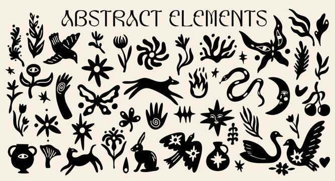 Abstract cutout shapes design elements set with vector illustration of different types of magical animals,  exotic flowers, funky plants, whimsical silhouettes, decorative stickers