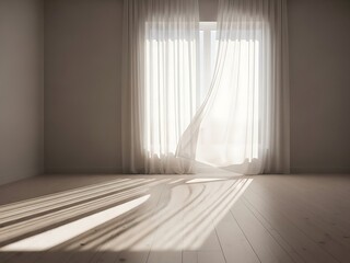 Sunlit interior with sheer curtains and light wooden floorboards backdrop