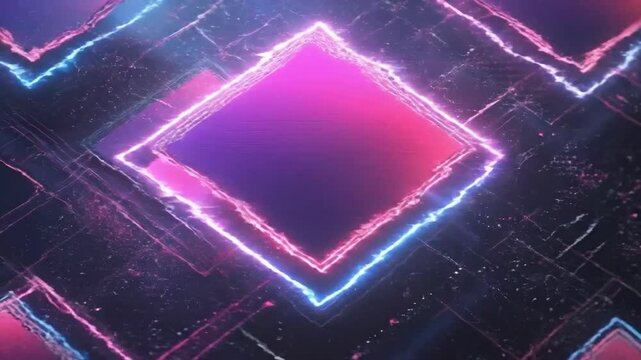 Abstract neon geometric pattern with dynamic pink and purple squares. Black Friday sale