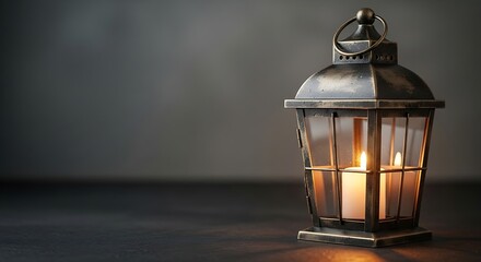 Warm Candlelight Glow in a Vintage Metal Lantern on Dark Background