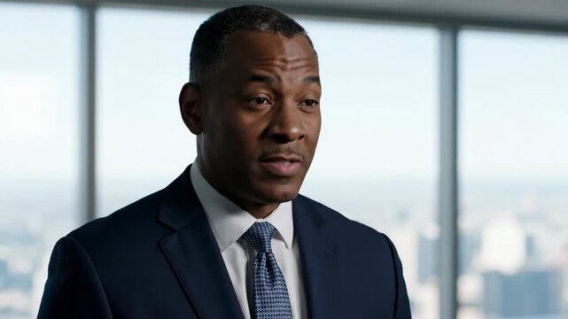 A professional businessman standing confidently in a modern office with a cityscape view behind him.