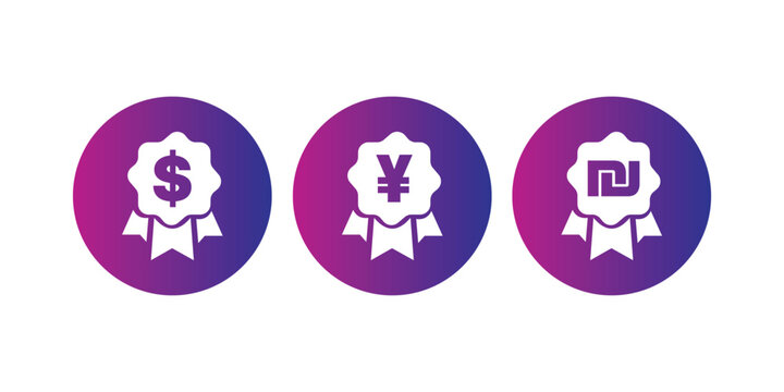 Set of currency medal icons with dollar, yen, and shekel symbols on purple gradient circles.