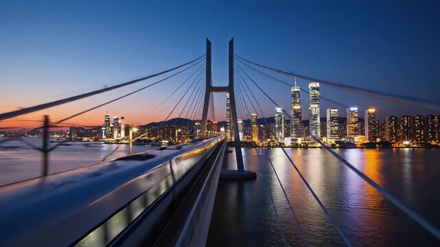 Dalian at Night - A Stunning View of the City Skyline and Xinghai Bay Bridge.
