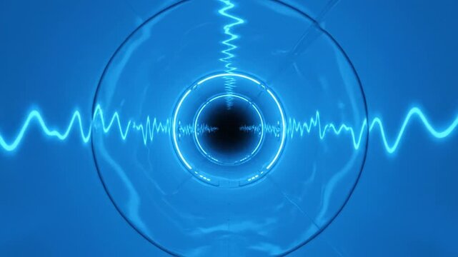 Glowing blue waveform pulses through a transparent sphere on a dark blue background.