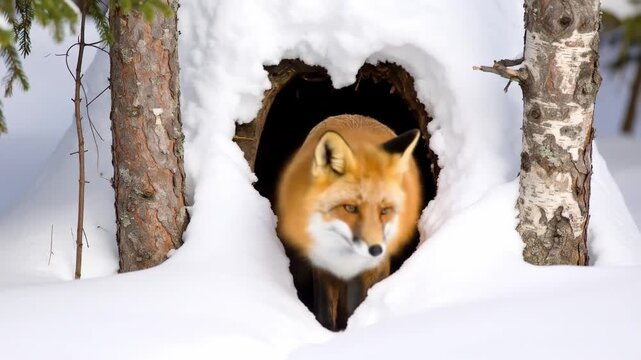 Red fox emerging from snow covered den in winter wilderness