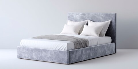 a grey velvet bed with an open lid, white background.