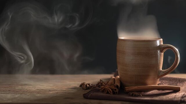 Warm steam rises from a brown cup resting on a wooden table with cinnamon sticks and star anise in a cozy kitchen during a chilly evening