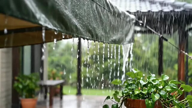 Close-up of continuous rain falling on a green waterproof awning, creating steady water drips and a soothing ambiance.