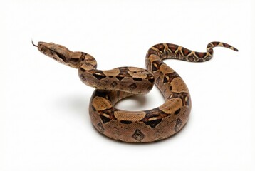 Coiled brown boa constrictor snake with diamond pattern, studio cutout Isolated on white background