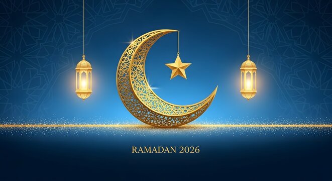 Ramadan 2026 celebration banner with golden crescent star and lanterns on blue backdrop