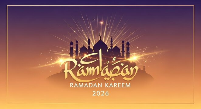 Ramadan kareem 2026 greeting background with mosque silhouette and golden light rays