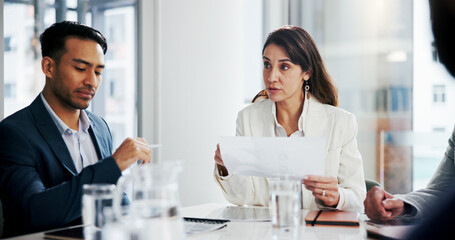 Fototapeta premium Team, discussion and woman with paperwork, boardroom and risk management with colleagues and report. Investment banker, talk and people with document for performance review, collaboration and meeting