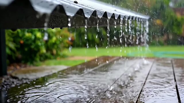 Gentle rain falling on a corrugated metal roof with water droplets forming and dripping, with a blurred green background.
