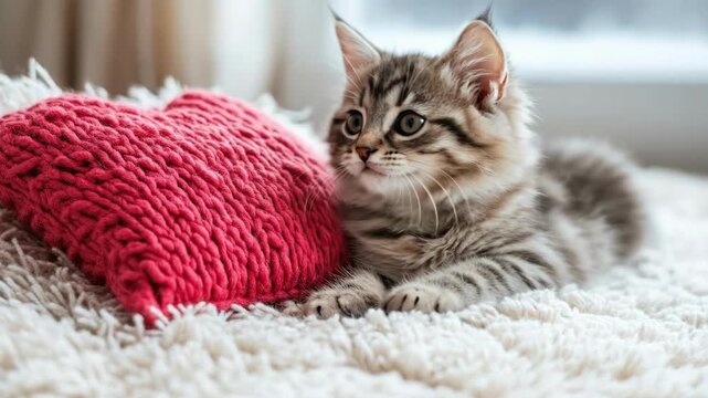 Fluffy gray kitten relaxing on soft carpet beside red heart pillow. The 14th of February. Happy Valentine's Day